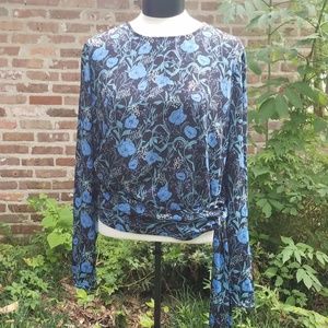 Long Sleeved Blue & Green Floral Tie Blouse Large